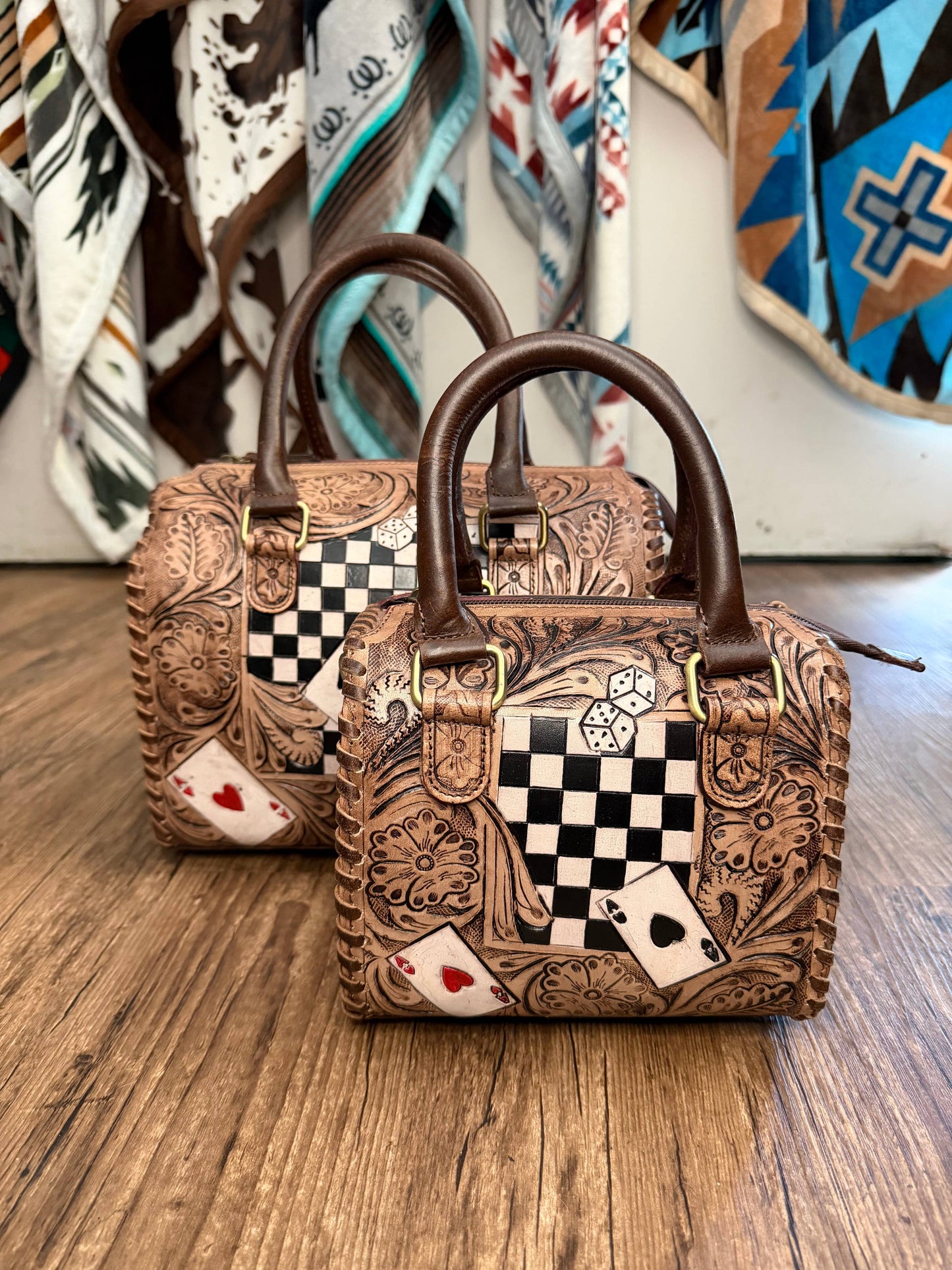 Aces Checkered Tooled Leather Western Speedy Purse   : Small