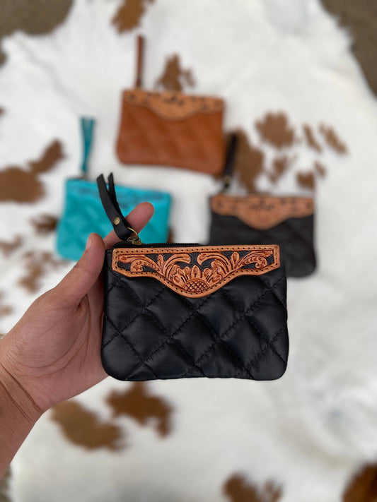 Black Tooled Leather Coin Pouch    