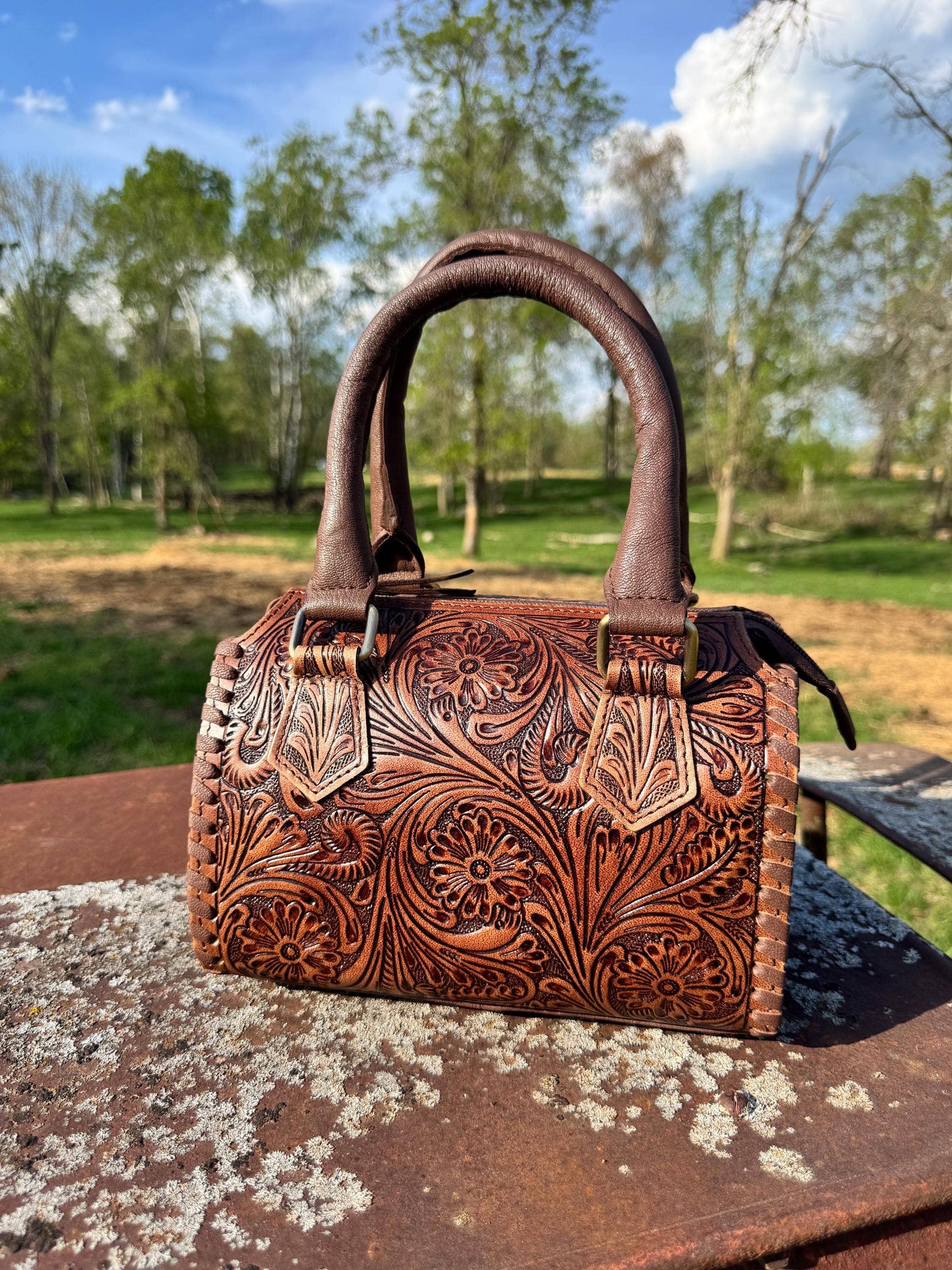 Chestnut Brown Speedy Western Genuine Leather Barrel Bag Purse: Medium