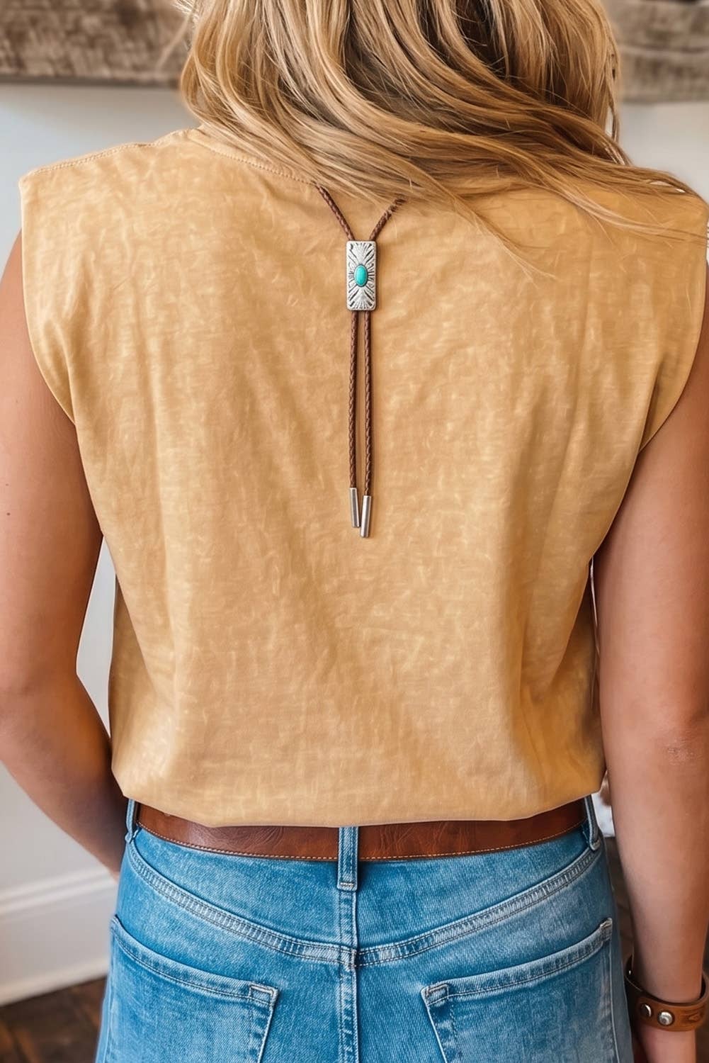 LDC Western Floral Print Sleeveless Round Neck Fit Top: Camel