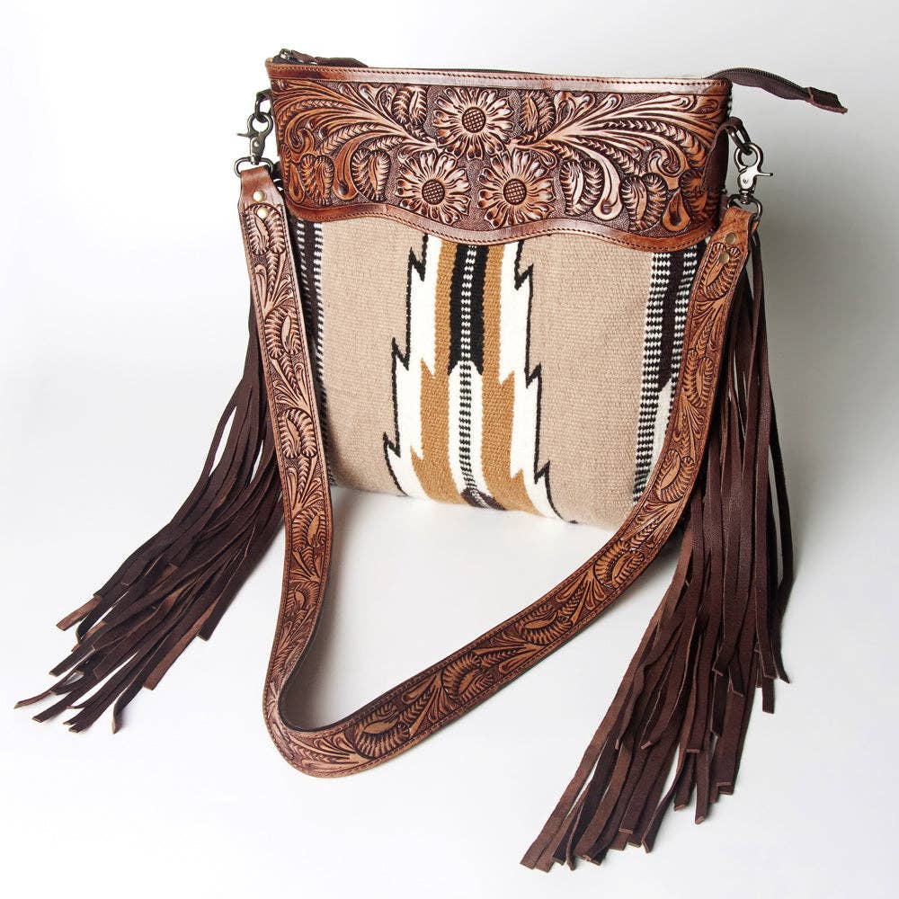 LC-ADBGZ577 Beige Southwestern Woven Crossbody Bag - Floral Tooled Leather Trim & Fringe Strap