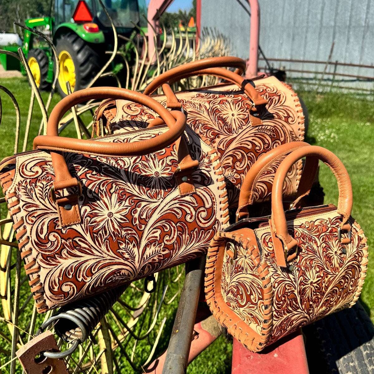 Tan Wild Daisy Heritage Speedy Western Genuine Leather Barrel Bag Purse by Double B: Medium
