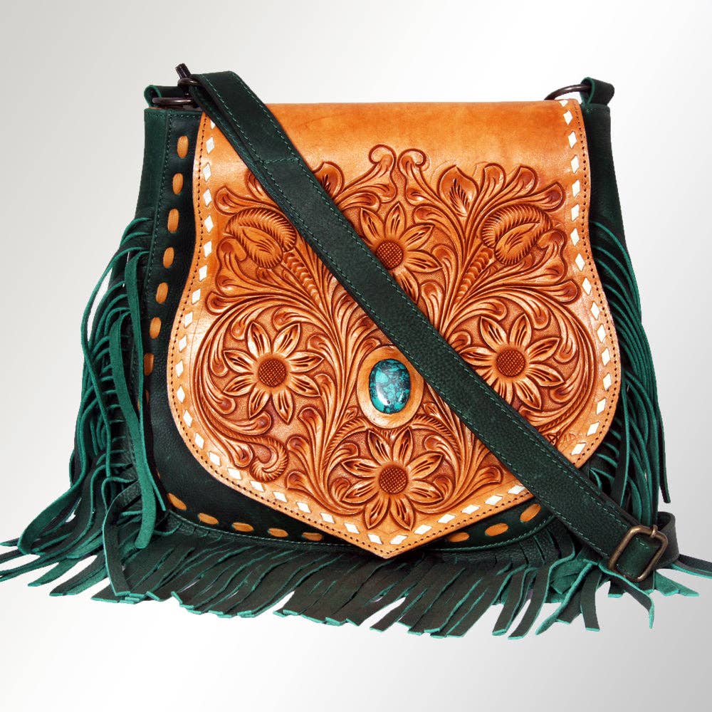 LC-ADBGZ483 Tan & Green Tooled Leather Messenger Bag - Floral Design with Turquoise Accent and Fringe: ADBGZ483