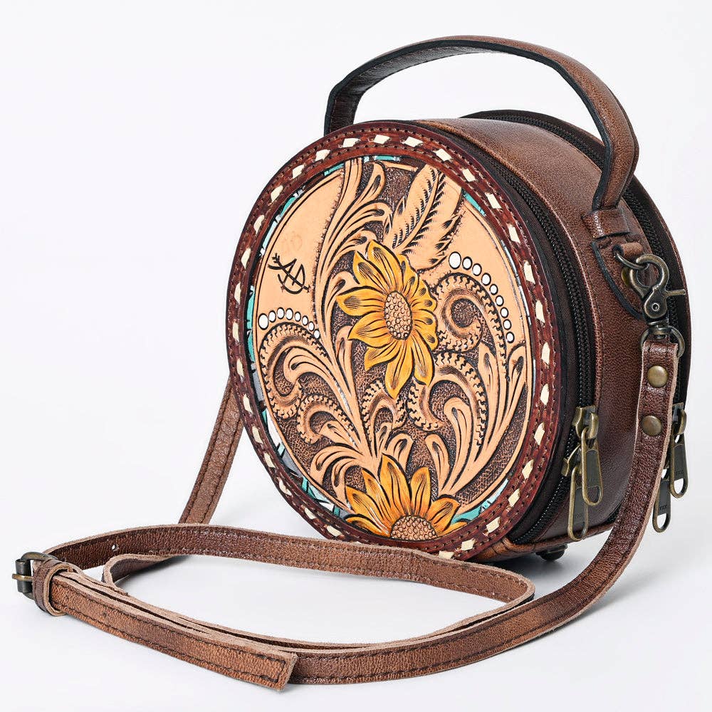 American Darling Western Tooled Leather Canteen Sunflower Carved Inlay: ADBG1188C