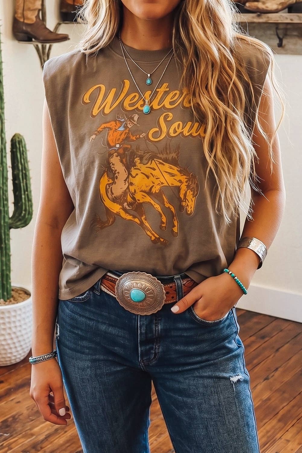 Western Shift Sleeveless Round Neck Tank Tops: Breen