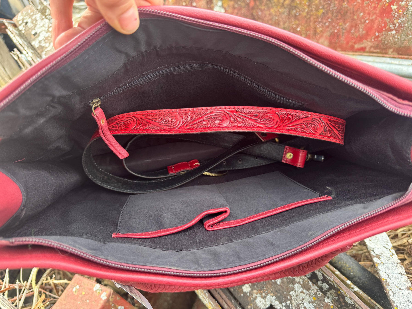 Deep Cherry Red Speedy Western Genuine Leather Barrel Bag Purse: Medium