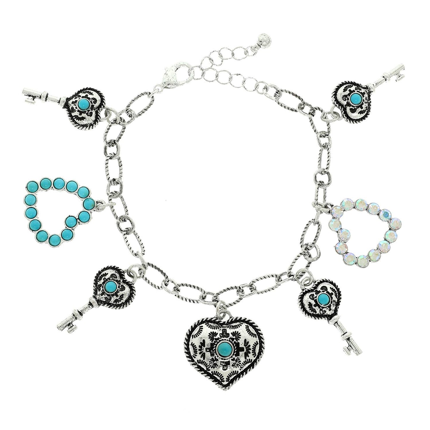 Western Jeweled Heart and Key Charm Bracelet