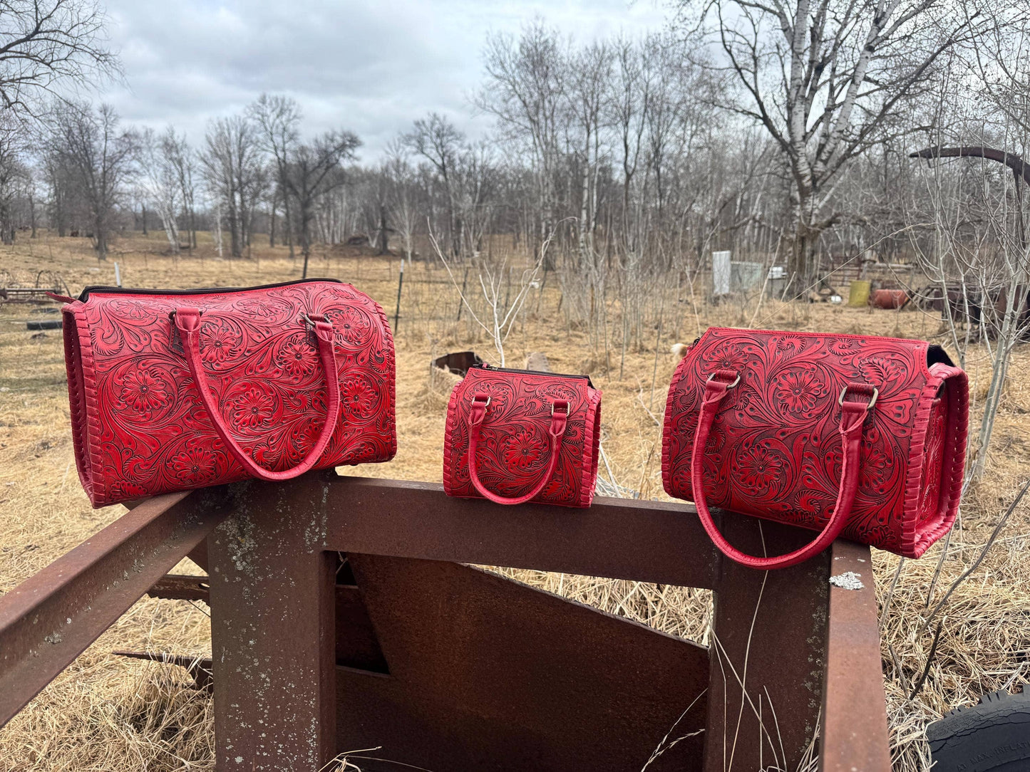 Deep Cherry Red Speedy Western Genuine Leather Barrel Bag Purse: Medium