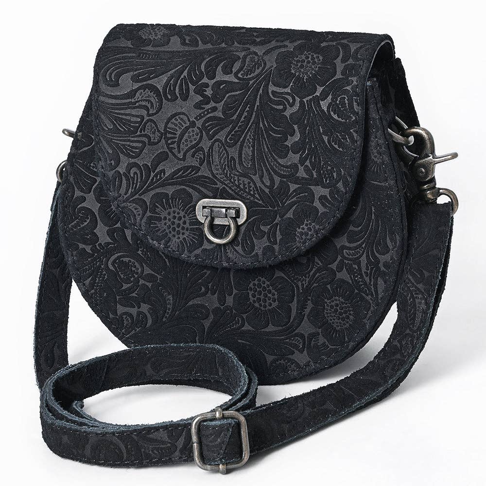 American Darling Black Tooled Leather Canteen Crossbody - Western Handmade Bag: ADBG1693