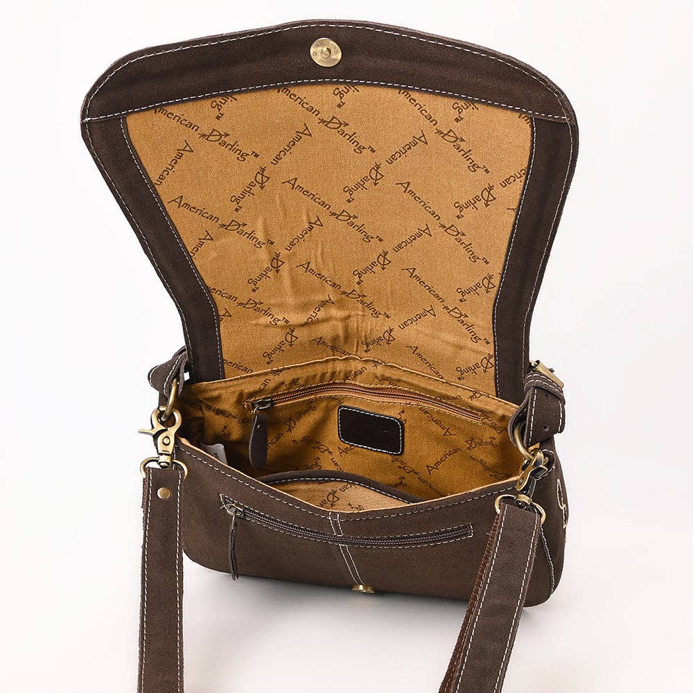Dark Brown Crossbody Genuine Western Suede Leather women bag: ADBGA670B