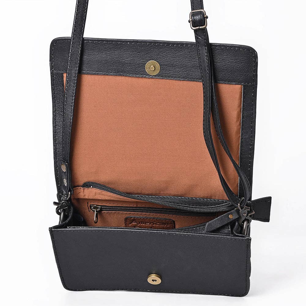 ADBG1673 American Darling Hand-Tooled Floral Black Western Leather Organiser Bag - Quilted Crossbody: ADBG1673