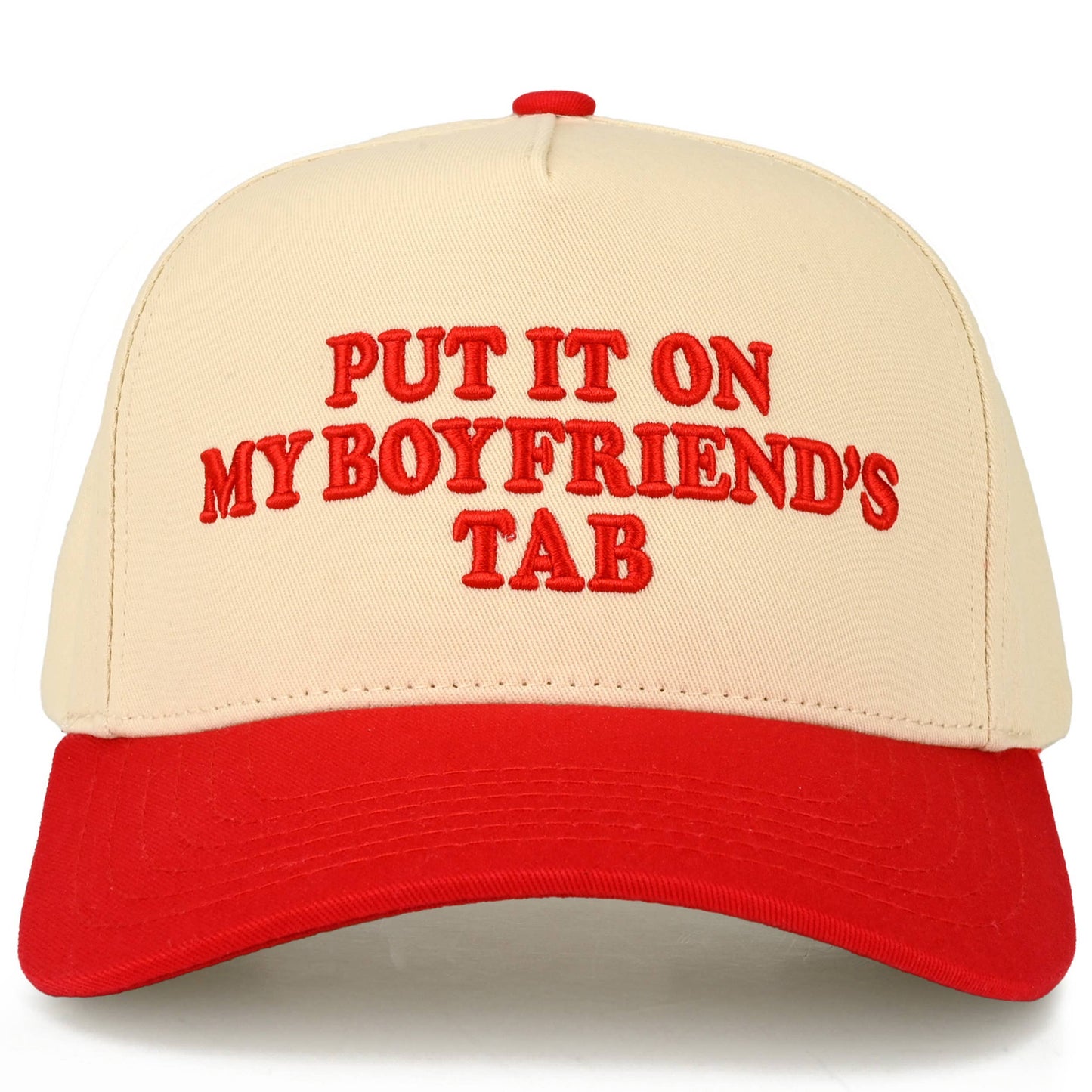 C.C PUT IT ON MY BOYFRIEND'S TAB Letter Two Tone Trucker Hat: Red