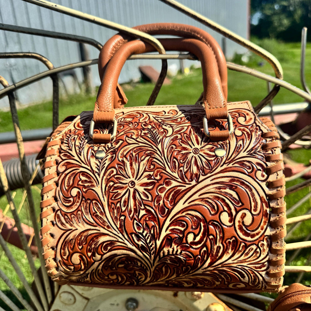 Tan Wild Daisy Heritage Speedy Western Genuine Leather Barrel Bag Purse by Double B: Medium