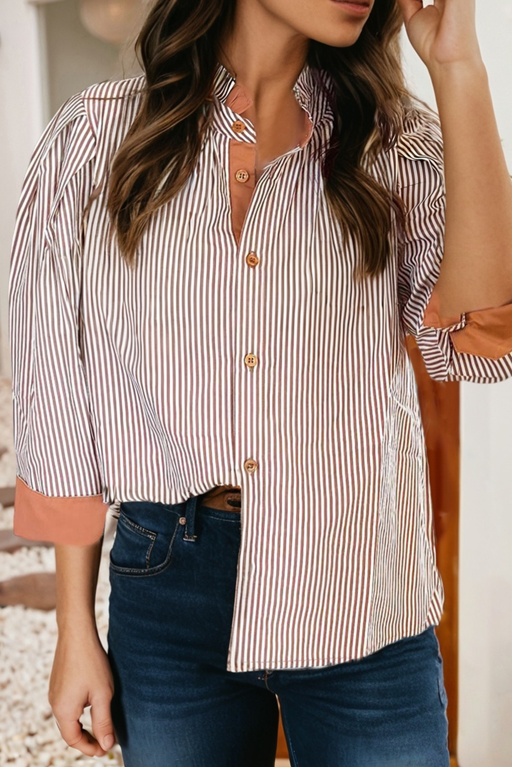 Callista Mocha Striped Blouse: Khaki Stripe