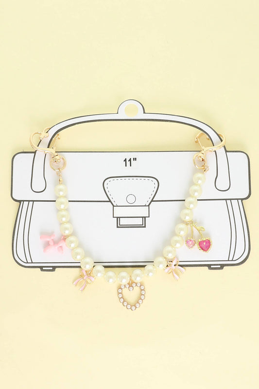 Whimsical Pink Enamel Pearl Bag Charm Chain with Heart Clasp