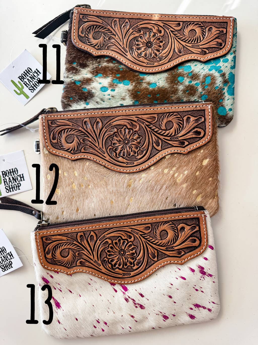 Western Hairon Cowhide Wristlet Purse Bag: BROWN + WHITE COWHIDE