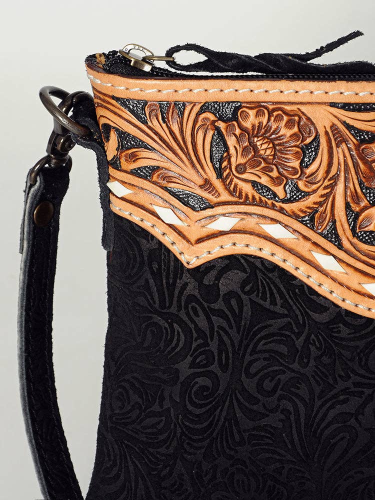 AMERICAN DARLING Crossbody Genuine Leather Western Leather Bag: ADBG109DM1E BLK No Fringe