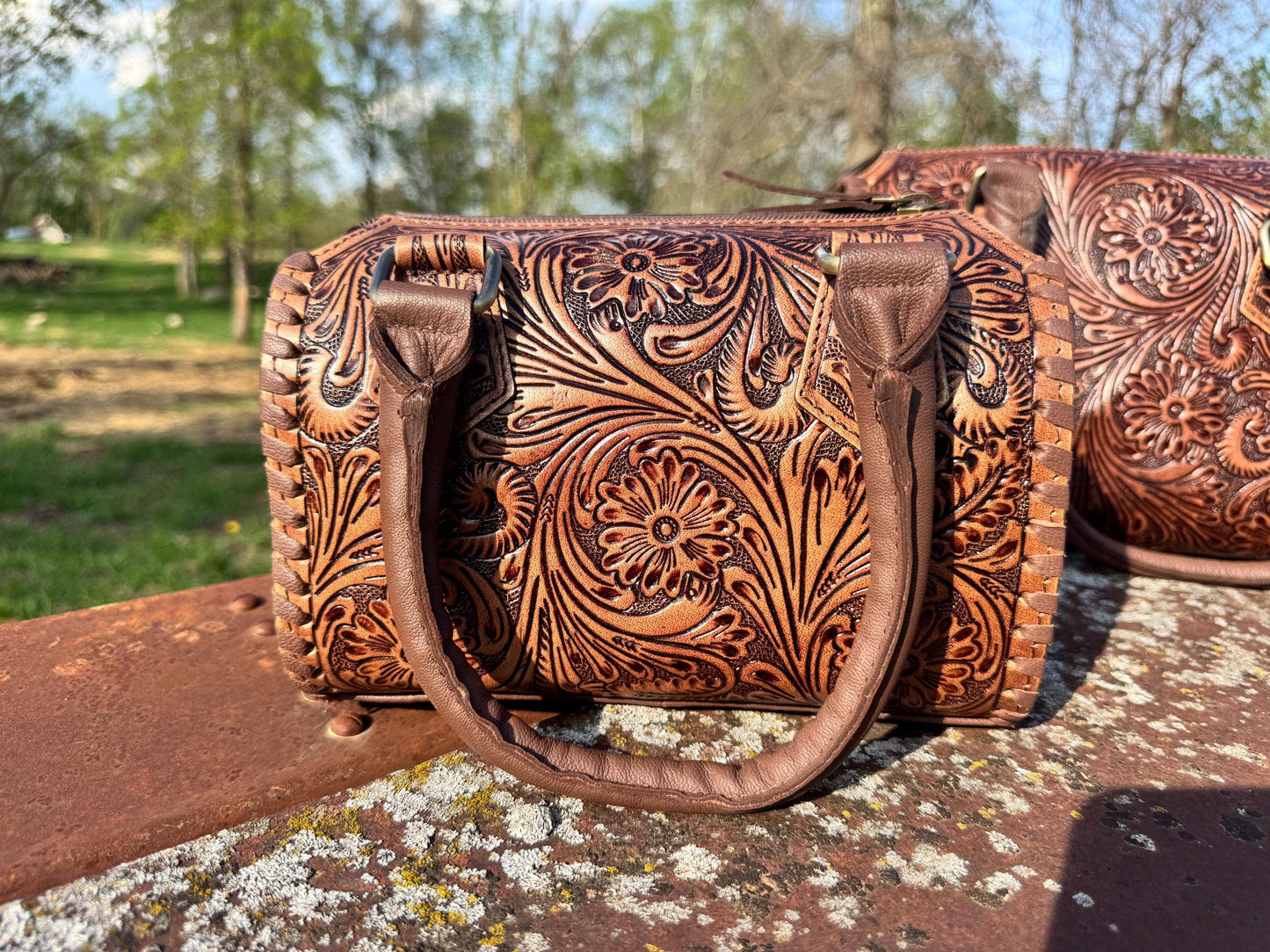 Chestnut Brown Speedy Western Genuine Leather Barrel Bag Purse: Medium