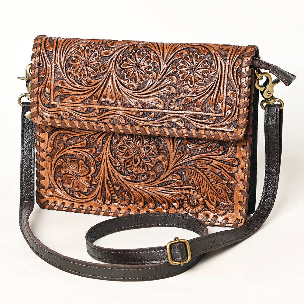 The Western Whirl-Genuine Leather Tooled Handbag: OHA119