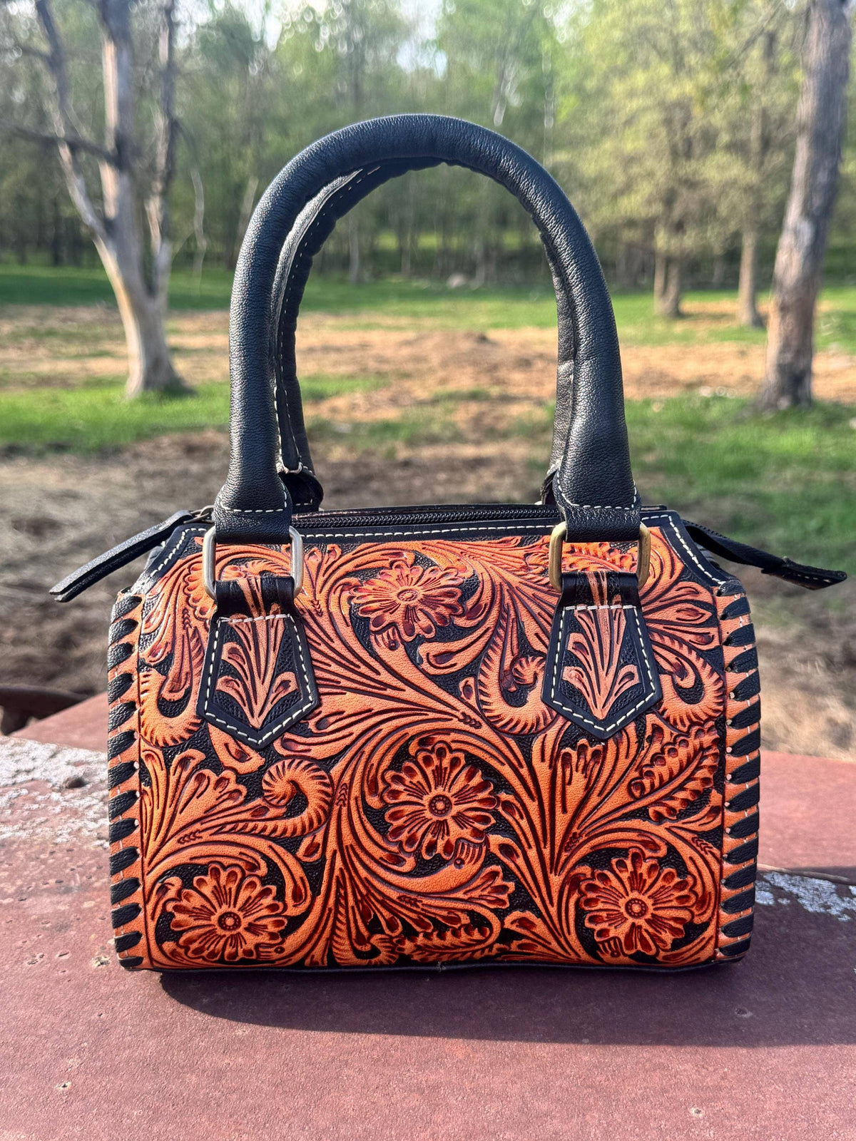 Western Nights Black Speedy Genuine Leather Barrel Bag Purse by Double B: Medium