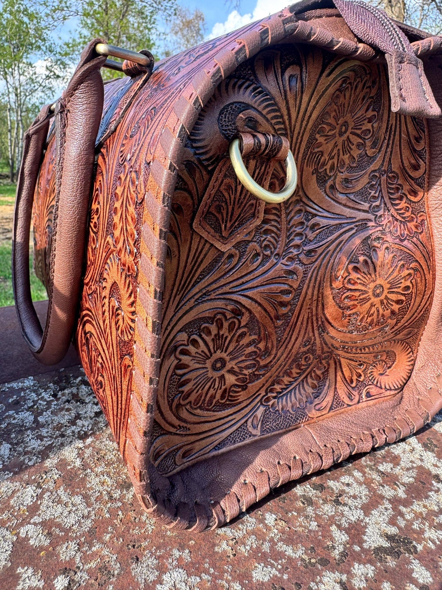 Chestnut Brown Speedy Western Genuine Leather Barrel Bag Purse: Medium