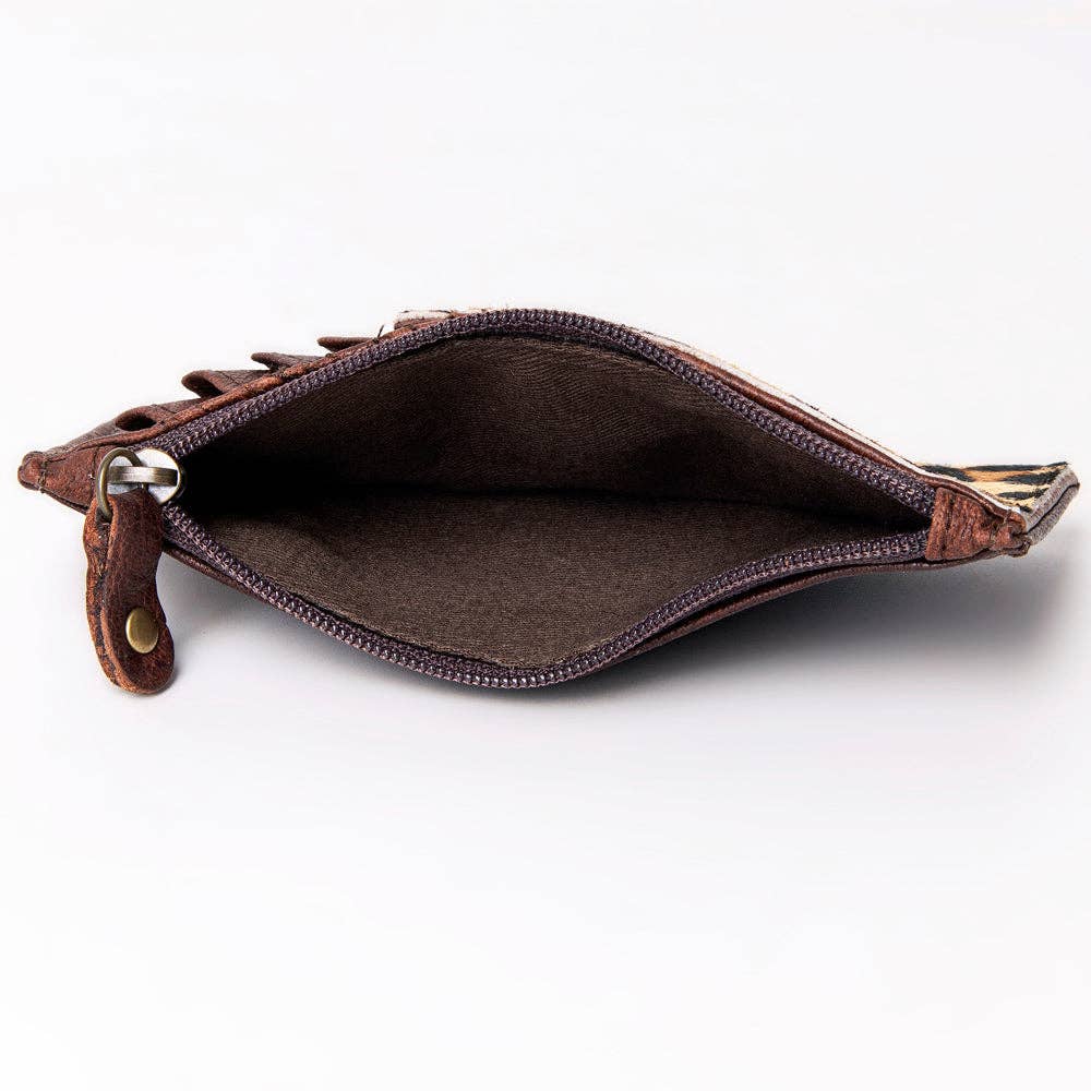 ADCCM101 Leopard Print Cowhide & Brown Leather Zipper Card Holder - Western Slim Wallet: ADCCM101N