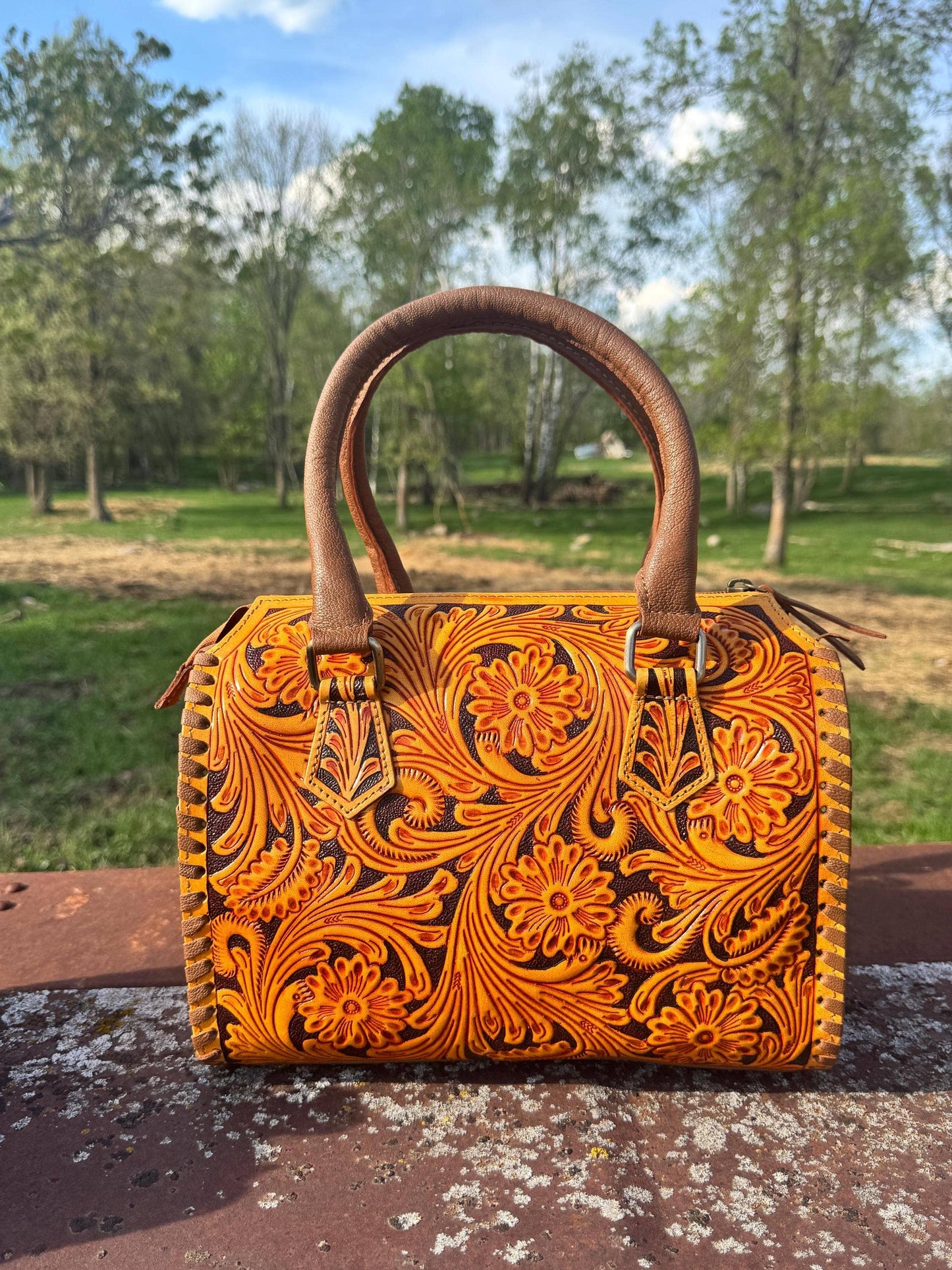 Sorrel Sunset Speedy Western Genuine Leather Barrel Bag Purse: Medium