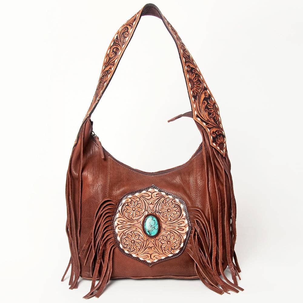 ADBGA219 American Darling Hand Tooled Genuine Leather Hobo Bag Turquoise Concho Fringe: ADBGA219A