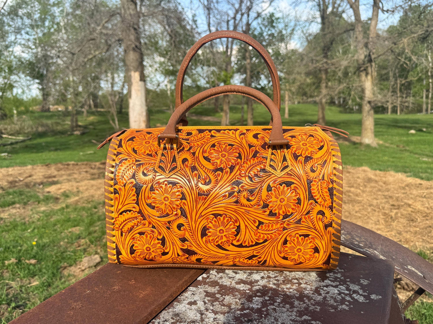 Sorrel Sunset Speedy Western Genuine Leather Barrel Bag Purse: Medium