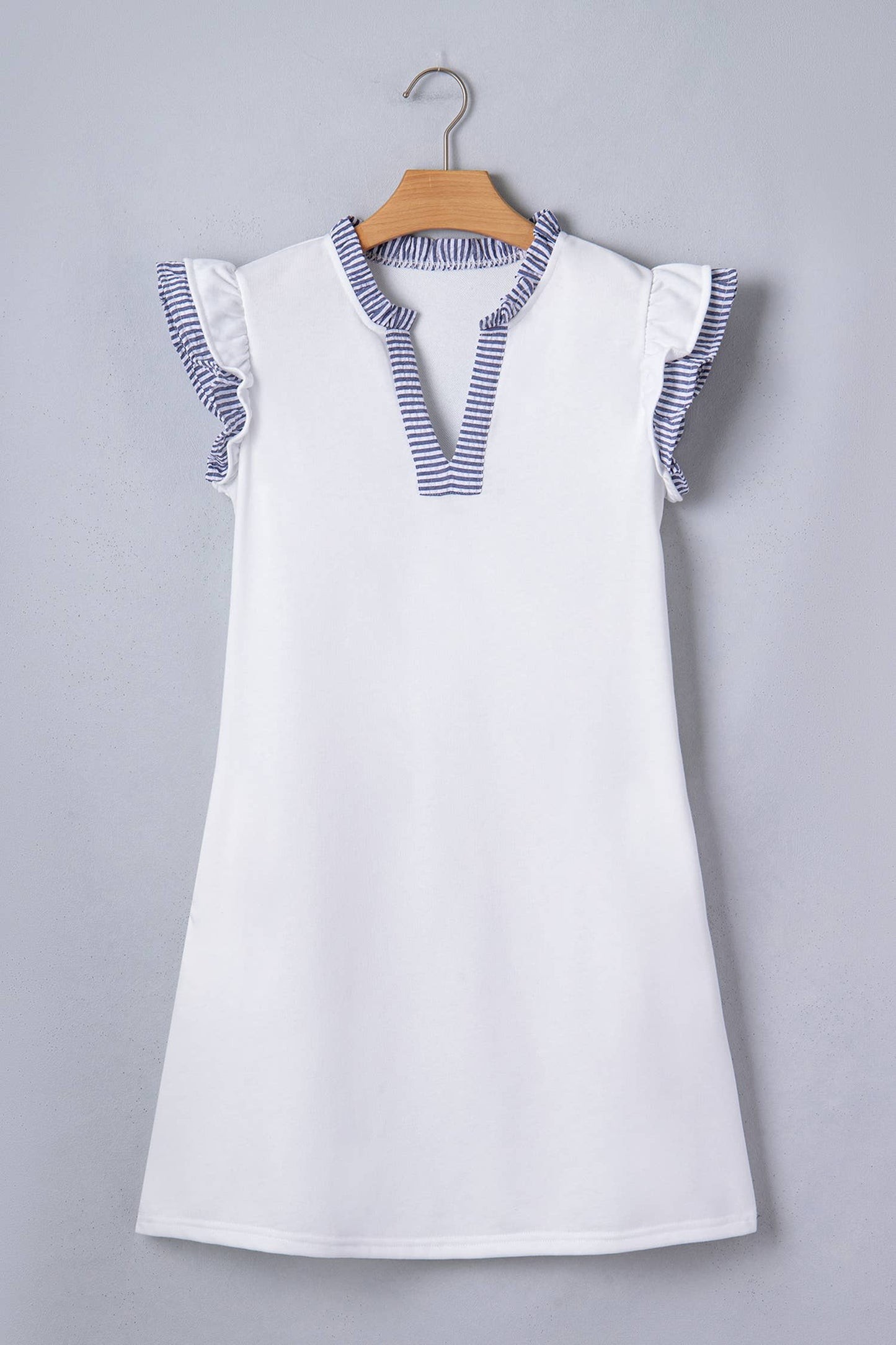 Striped Patchwork Split Neck Ruffle Trim Dress: White