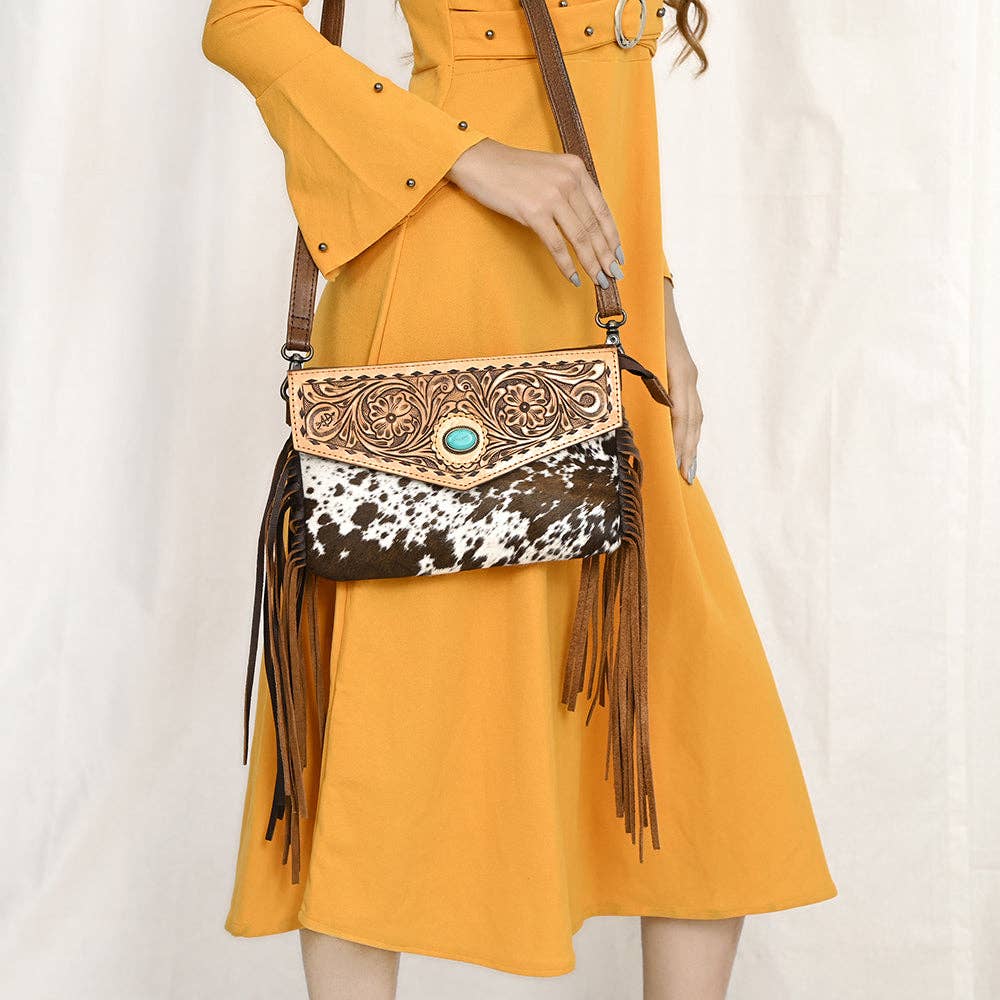ADBG1484 American Darling Cowhide Hand-Tooled Envelop Bag | Fringe Crossbody Purse: ADBG1484 1