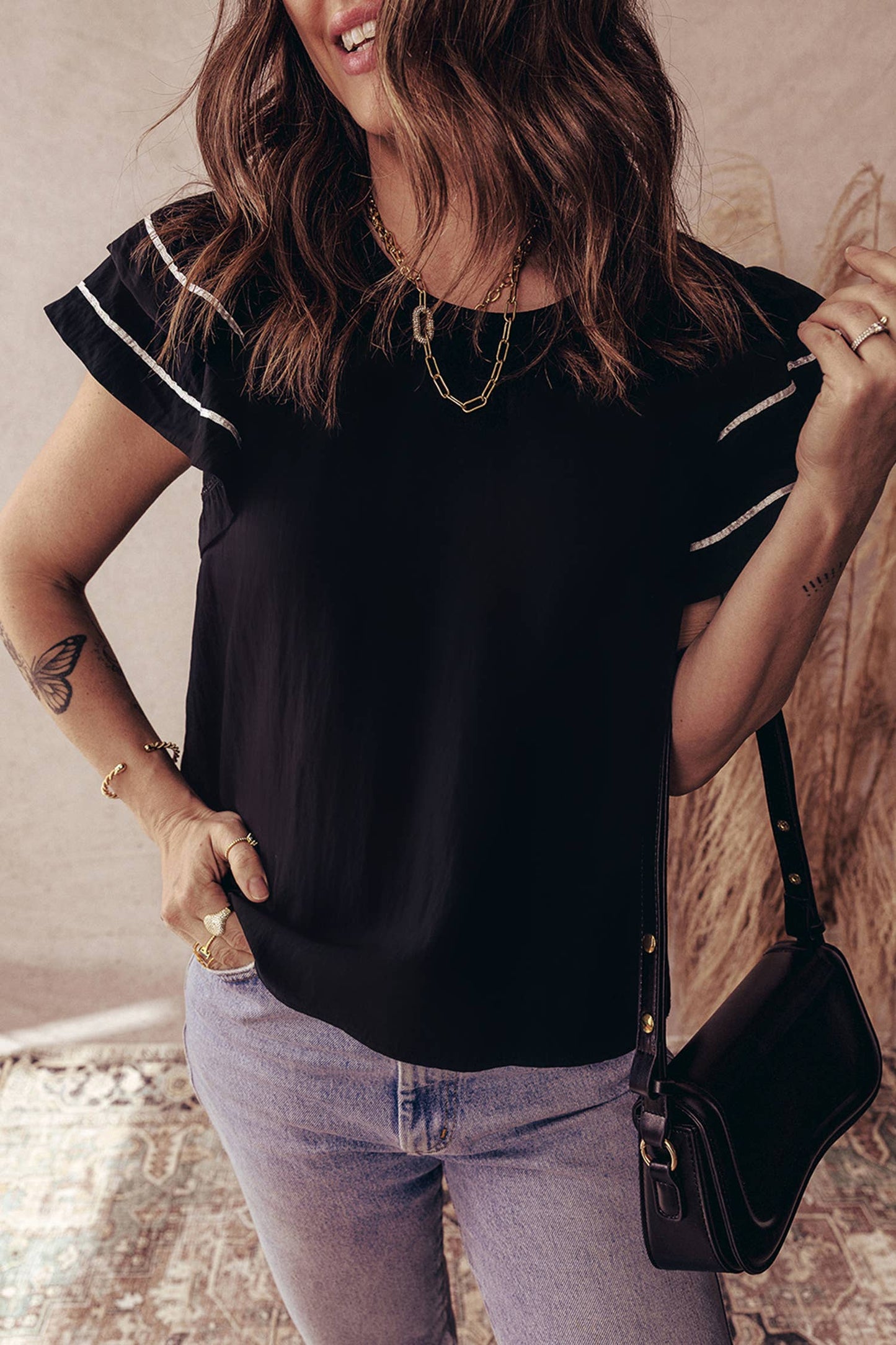 LDC Contrast Trim Dual Ruffle Short Sleeve Textured Blouse: Black / S - XL