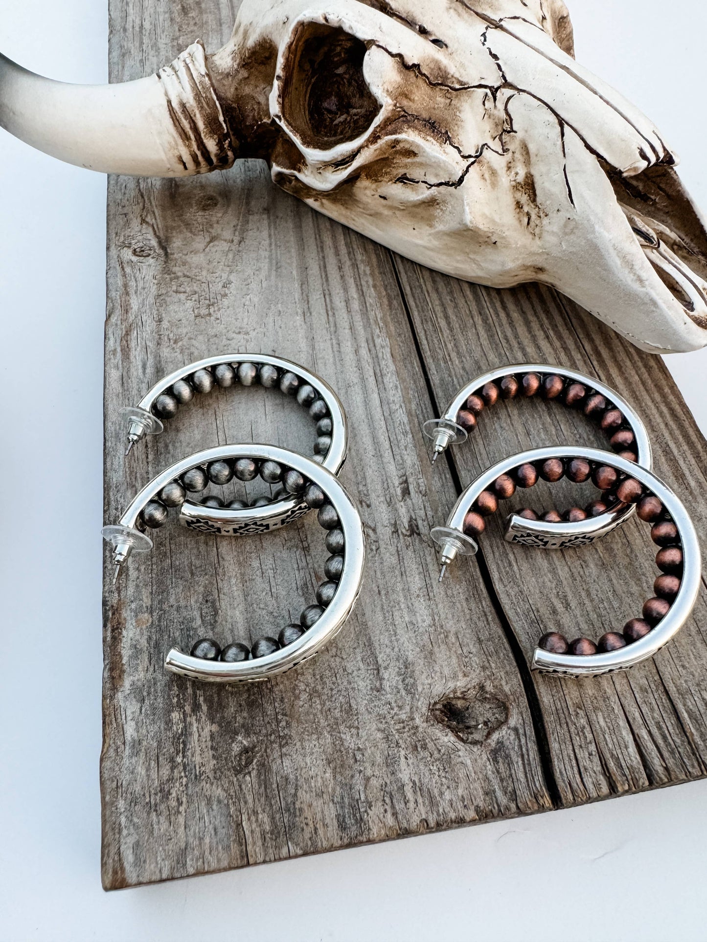 Western Navajo Style Pearl with Aztec Pattern Hoop Earrings: Silver