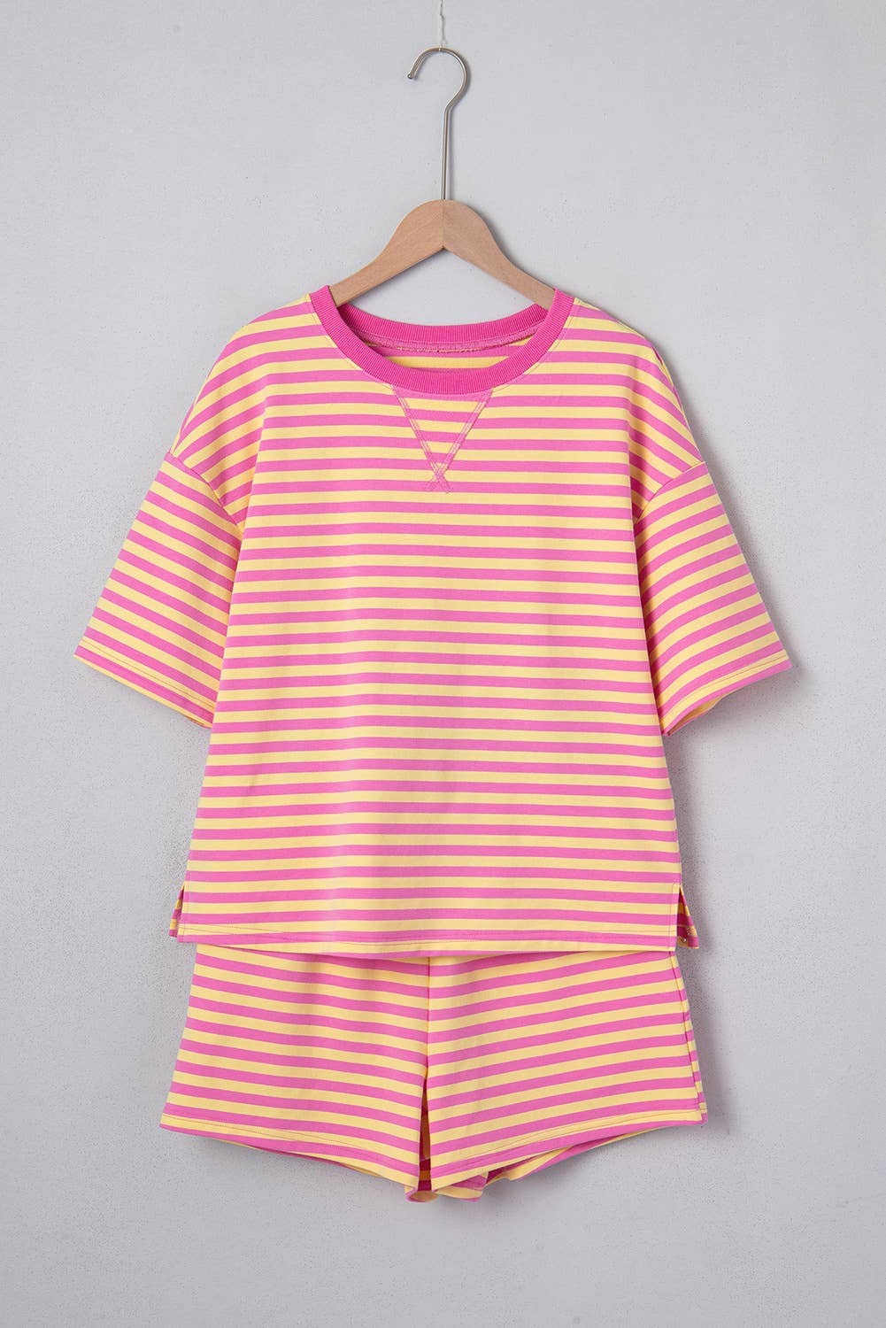 Stripe Drop Shoulder Boxy Casual Terry Short Set: Rose Stripe
