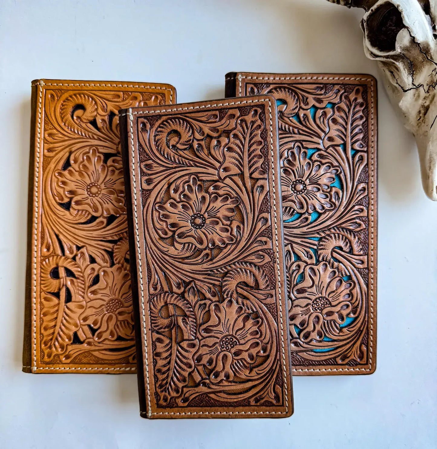 Western Genuine Tooled Leather Bi-Fold Wallet : Brown + Turquoise
