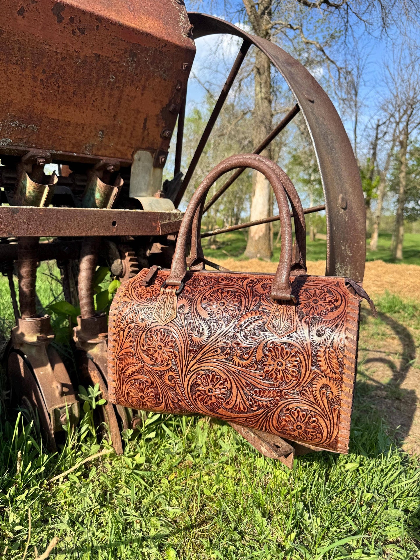 Chestnut Brown Speedy Western Genuine Leather Barrel Bag Purse: Medium