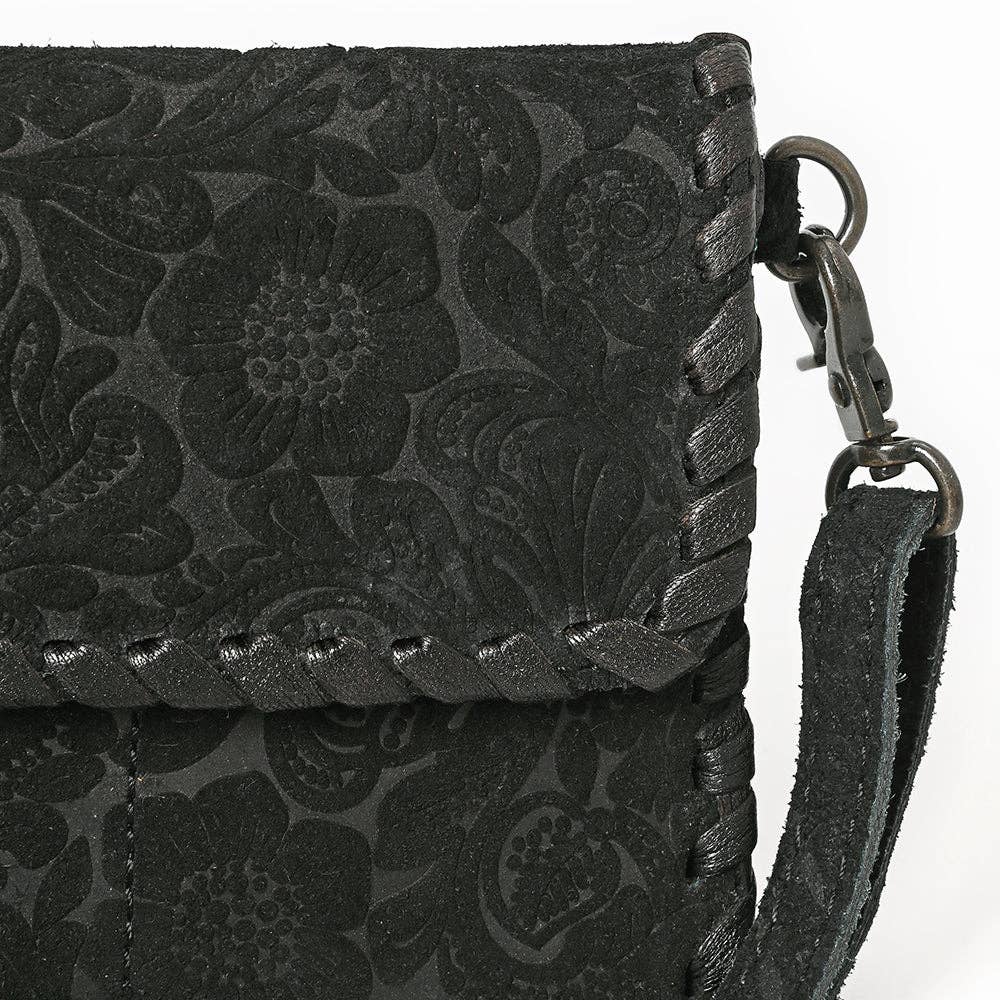Black Floral Embossed Leather Crossbody Bag with Whipstitch Trim: ADBG1645
