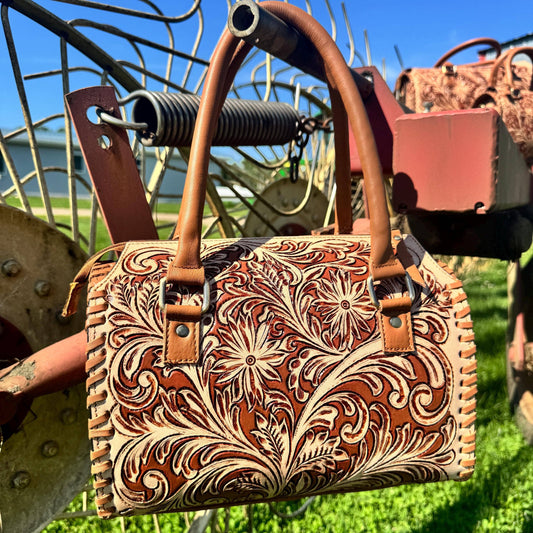 Tan Wild Daisy Heritage Speedy Western Genuine Leather Barrel Bag Purse by Double B: Medium