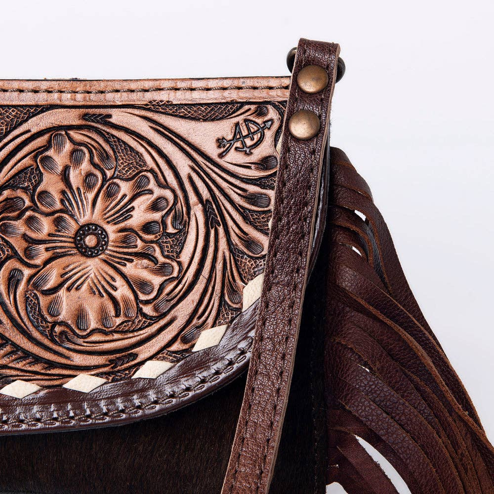 LC-ADBG924 Leather Crossbody with Hand-Tooled Floral Flap & Fringe: ADBG924B