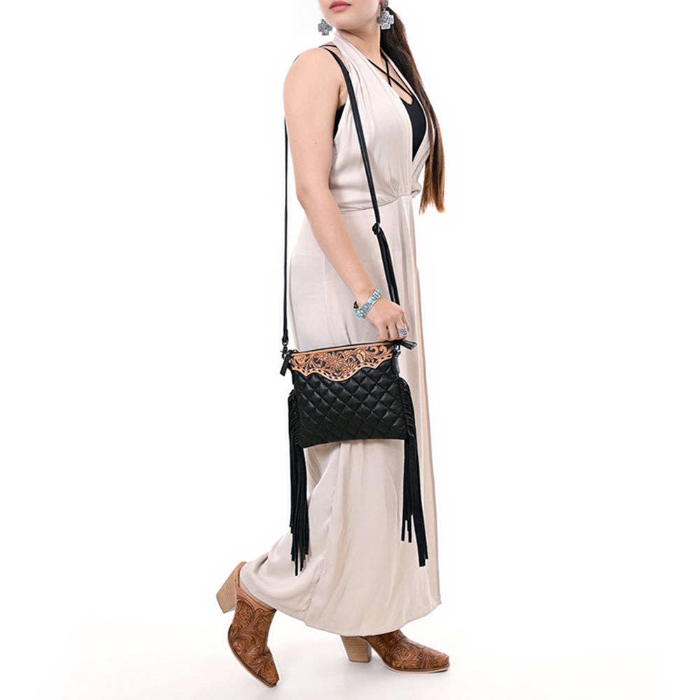 ADBG1683 American Darling Quilted Leather Crossbody Black | Tooled Flap Fringe Purse: ADBG1683