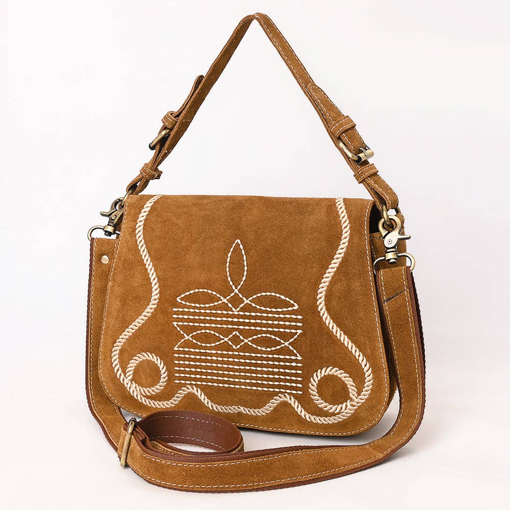 Tan Crossbody Genuine Western Suede Leather women bag: ADBGA670C