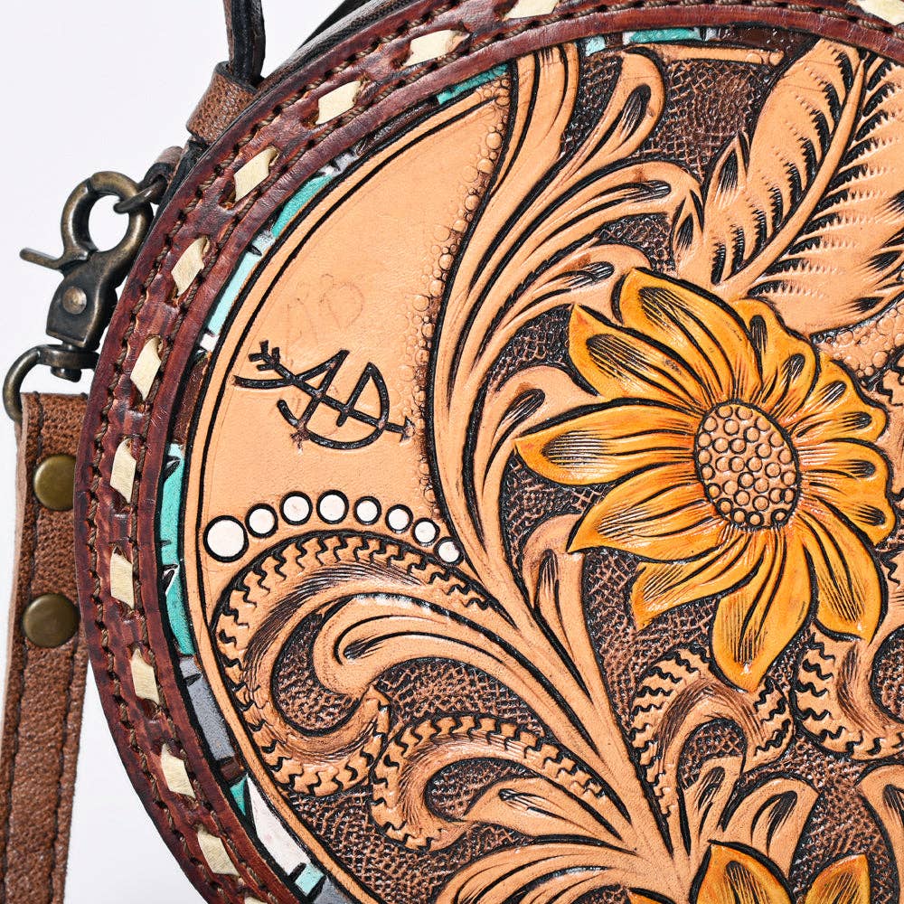 American Darling Western Tooled Leather Canteen Sunflower Carved Inlay: ADBG1188C