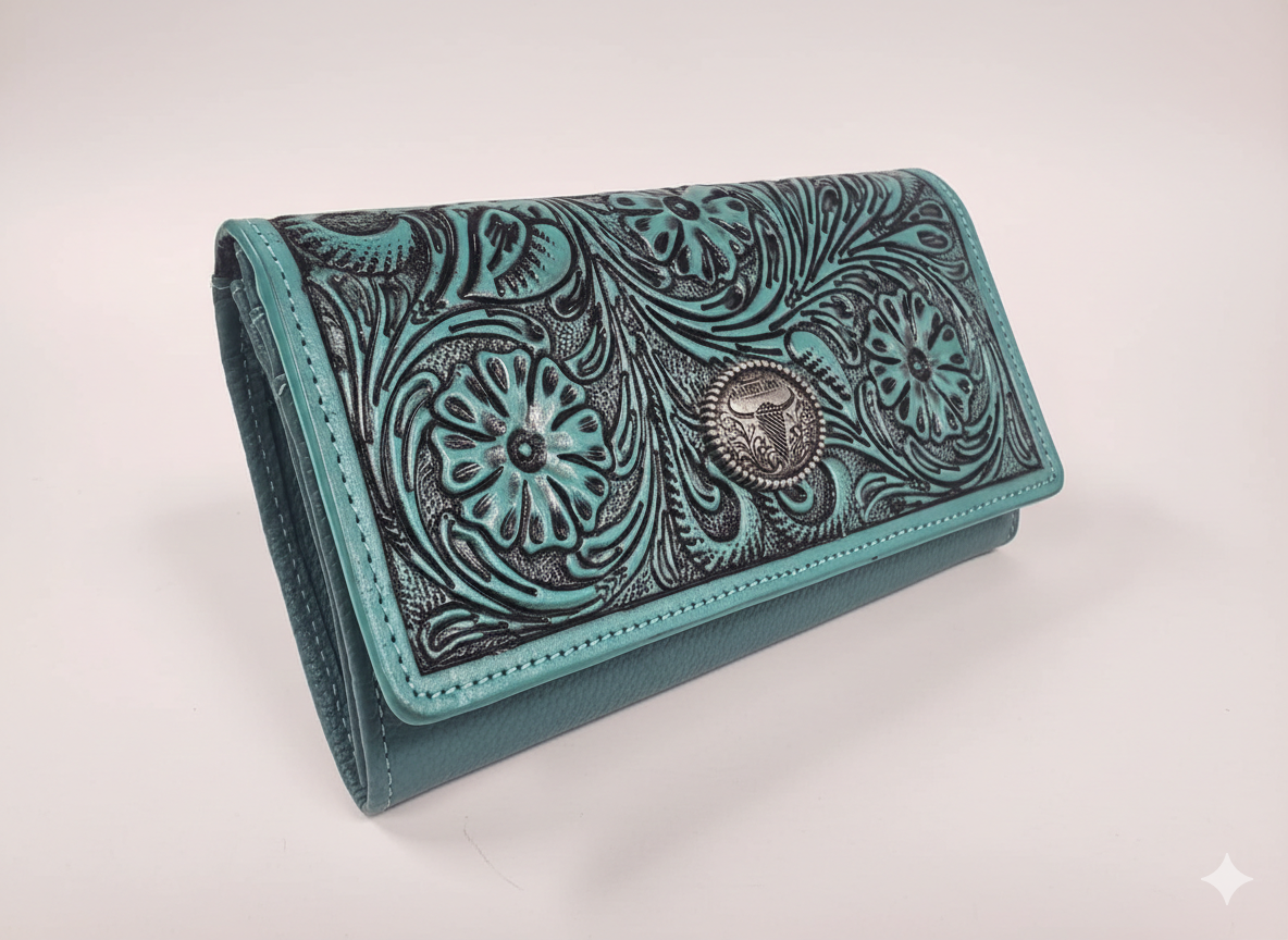 Turquoise Leather Wallet Floral Filigree ABLW 18-25202