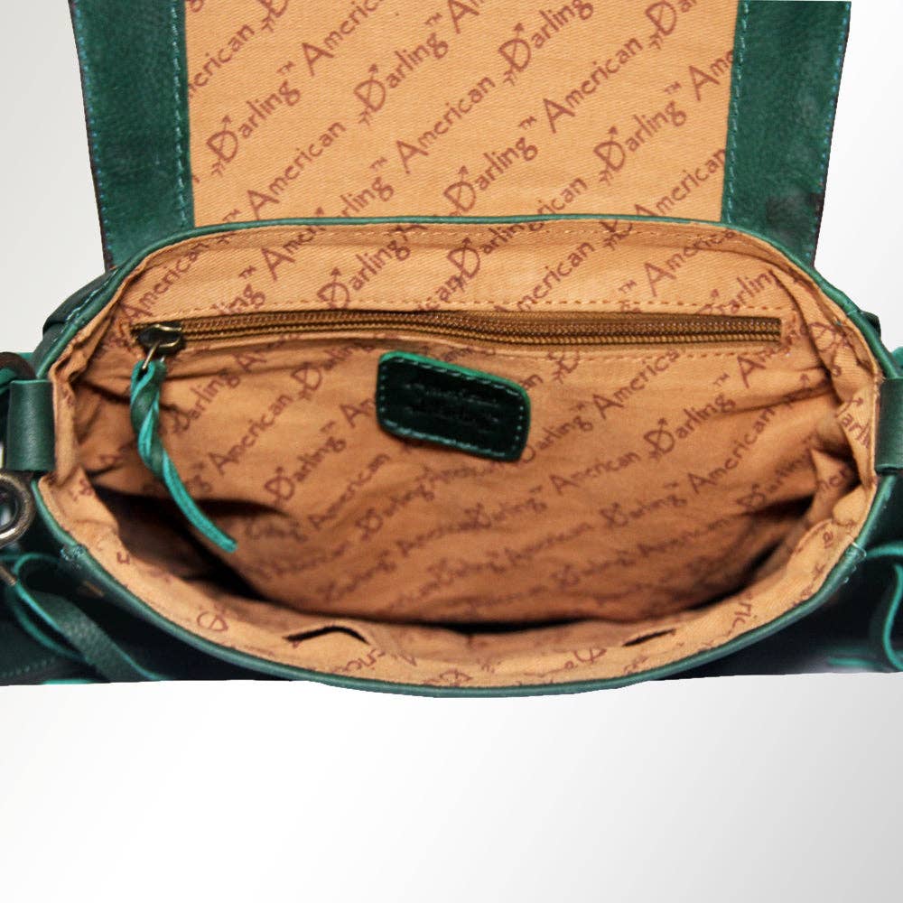 LC-ADBGZ483 Tan & Green Tooled Leather Messenger Bag - Floral Design with Turquoise Accent and Fringe: ADBGZ483