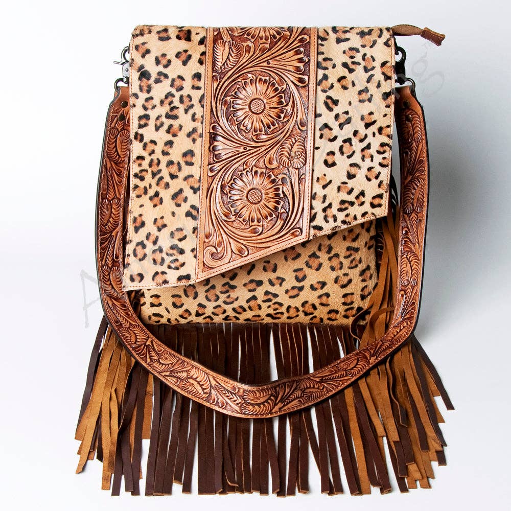 LC-ADBGZ124A Leopard Print Messenger Bag with Fringe and Tooled Leather Flap