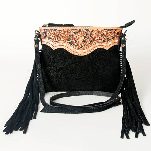 AMERICAN DARLING Crossbody Genuine Leather Western Leather Bag: ADBG109DM1D BLK with Fringe