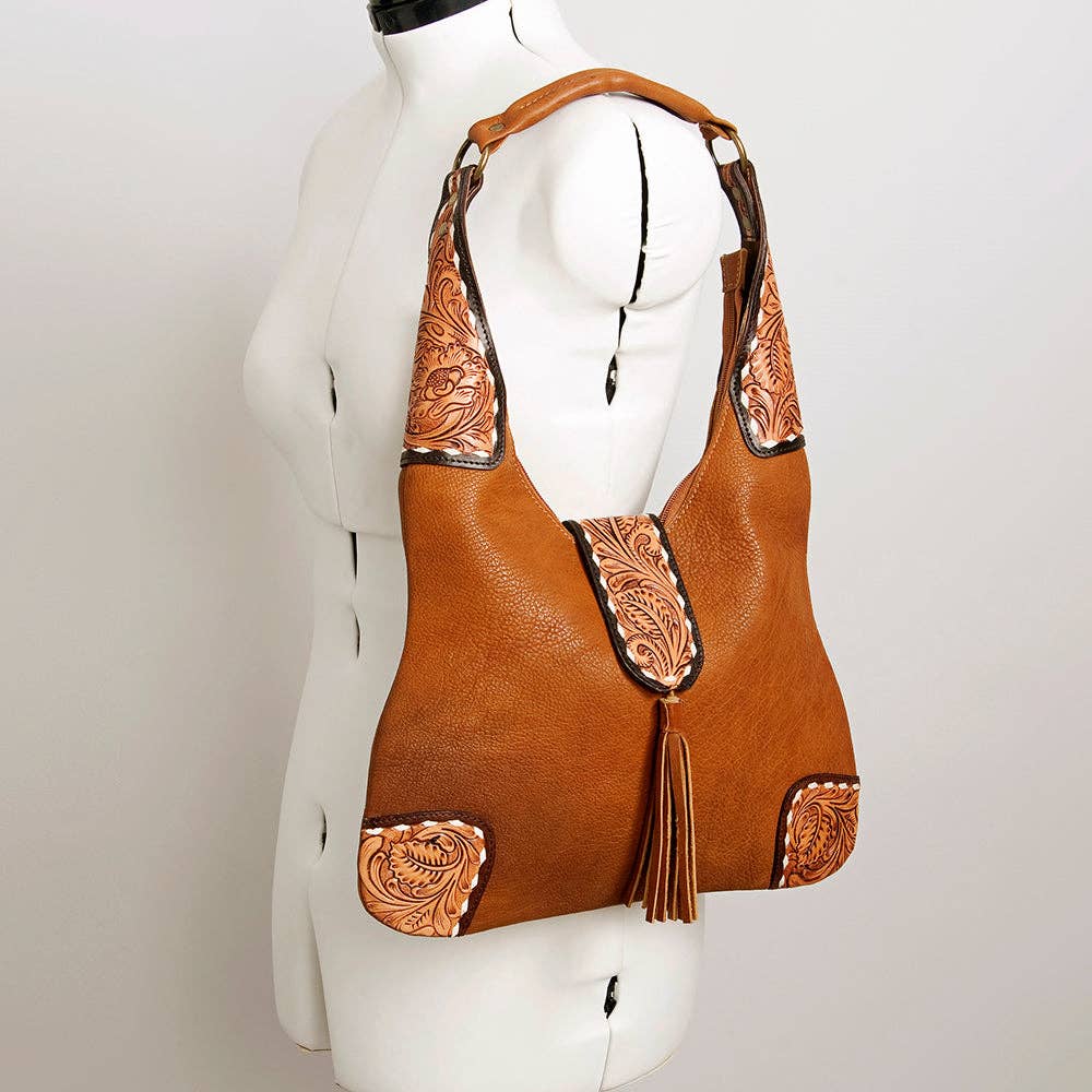 LC-ADBGA237A American Darling Hand-Tooled Leather Hobo Bag Full Grain with Tassel Detail