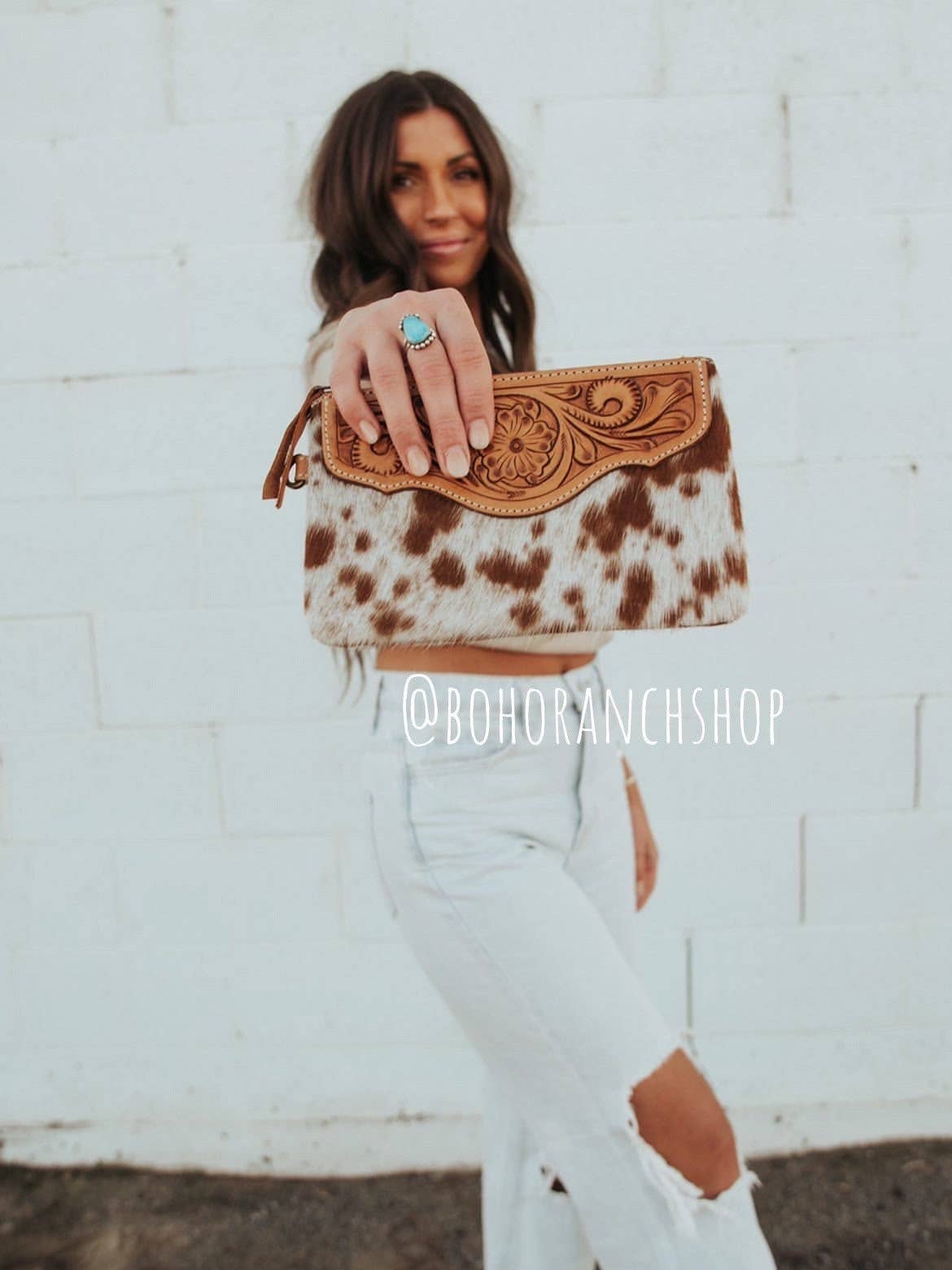 Western Hairon Cowhide Wristlet Purse Bag: BLACK + WHITE COWHIDE