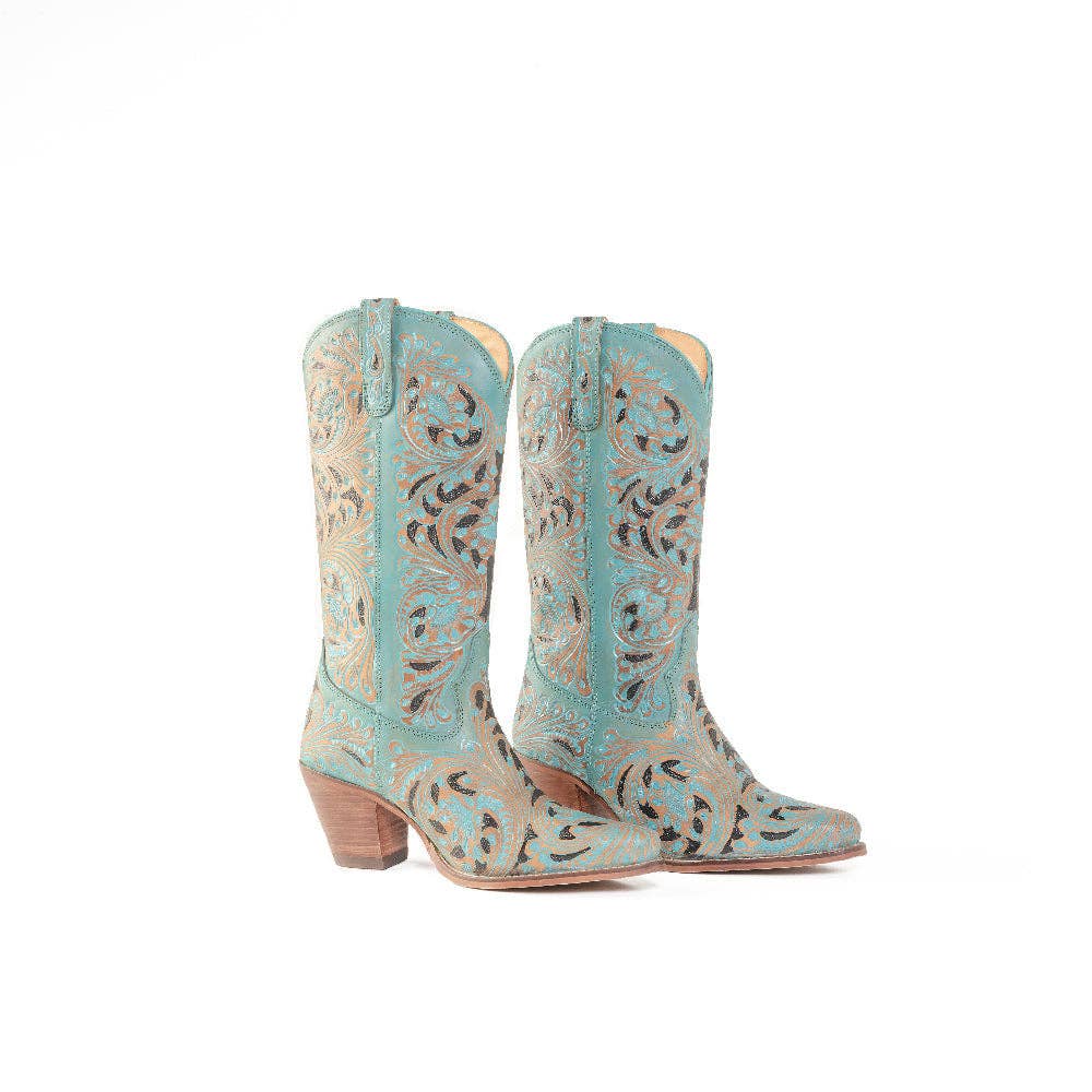 Kasiopeah Hand-tooled Boots in Turquoise: Turquoise / 8