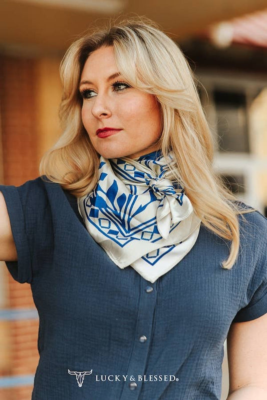 Cream Blue Aztec Printed Wild Rag